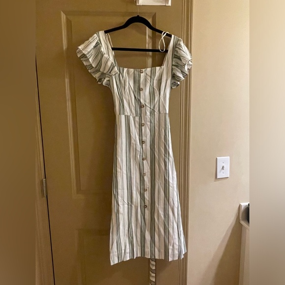 Lulus Mediterranean Moves Olive Striped Flutter Sleeve Midi Dress - Picture 2 of 2